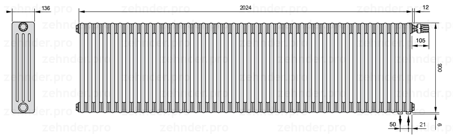 Схема (чертеж) Радиатор Zehnder Charleston 4090/44 №V002 Белый глянцевый RAL 9016
